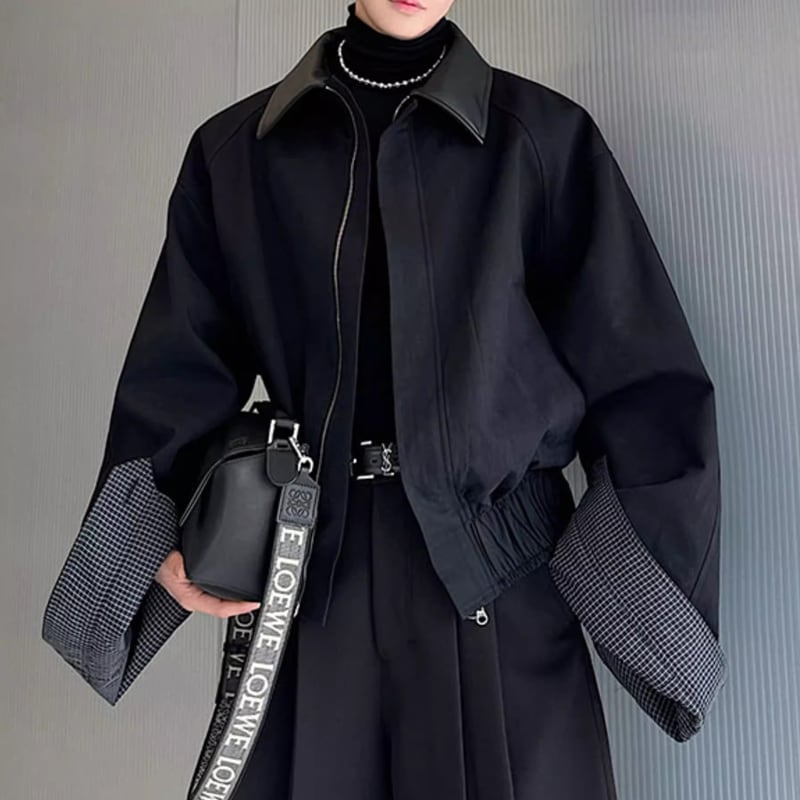 オープンカラー 長袖 クロップド ジップアップ ジャケット 2color MOJ0118