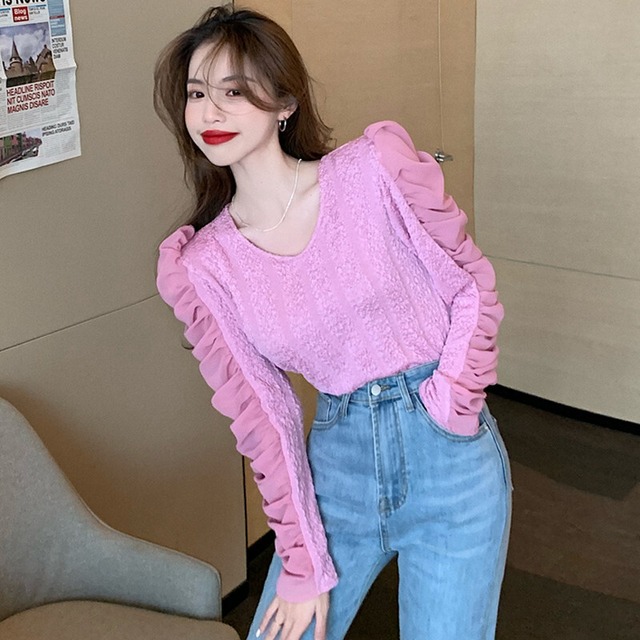 Vネックシフォンブラウス オータムルーズTシャツ ピンク 秋物 ステッチ ガールズファッション66941348491