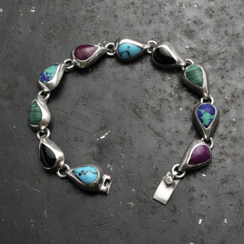 Vintage Taxco Multi-Stone Silver Chain Bracelet [MEXICO TAXCO SILVER & Multi Gems] Teardrop Design