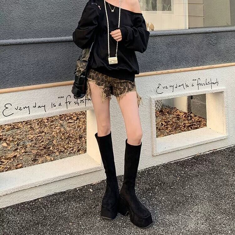美脚スリムフィット厚底プラットフォームロングブーツ10cm ブラック