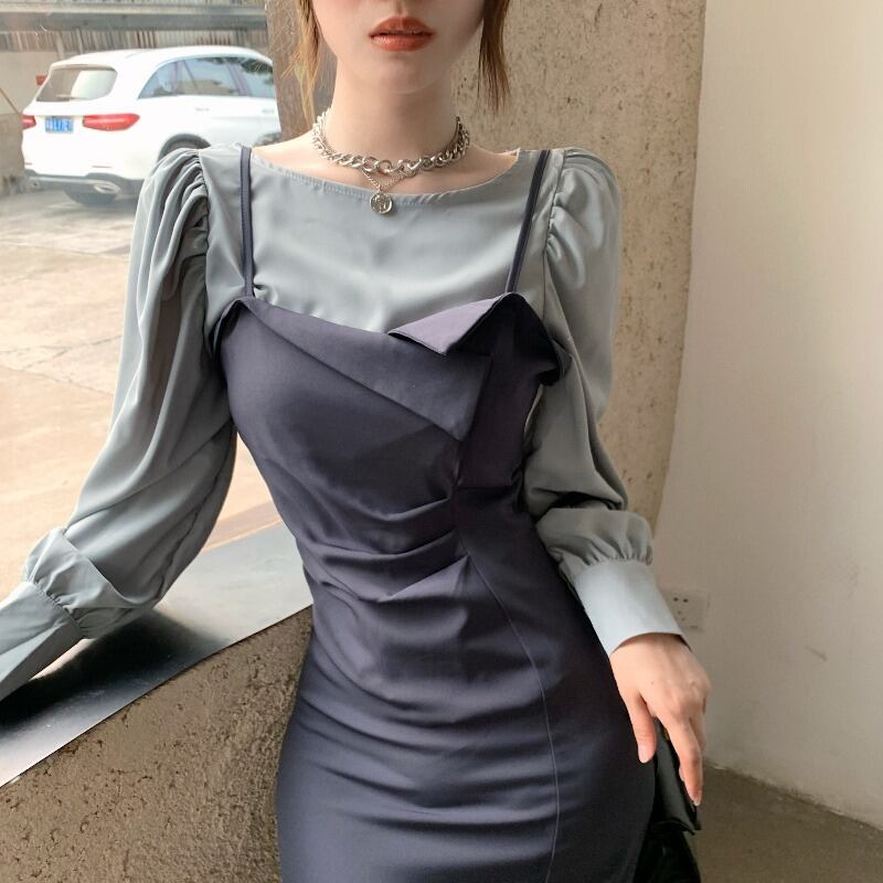 スタイルウエスタンスタイルサスペンダードレス長袖シャツツーピース女性2020年秋新作ファッション気質スーツ ブラックストロベリース382556662