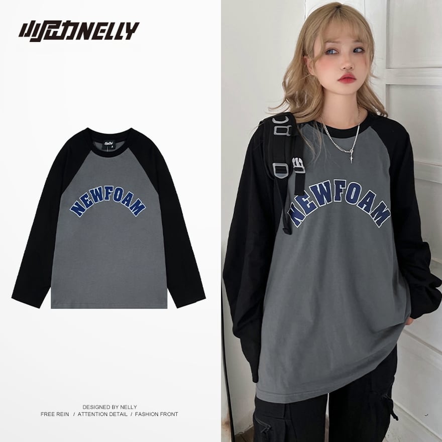 サブカル 服 地雷系 通販 早春 長袖 Tシャツ コットン バイカラー ラウンドネック ユニセックス プリントロゴ ストリート系