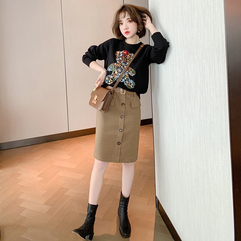 Flowerデザイン セーター ウェスト格子柄スカート レッド コットン 刺繍 フラワーデザイン MIUCO87639658770