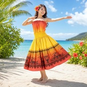 フラダンス 衣装 ALOHA STANDARDS アロハスタンダード ツーピース セットアップ 上下セット イエロー系 日本製 グラデーション カヒコ柄 きれい かわいい 華やか 鮮やか 明るい ハワイアン アロハ ハワイアンプリント ダンス レッスン 練習