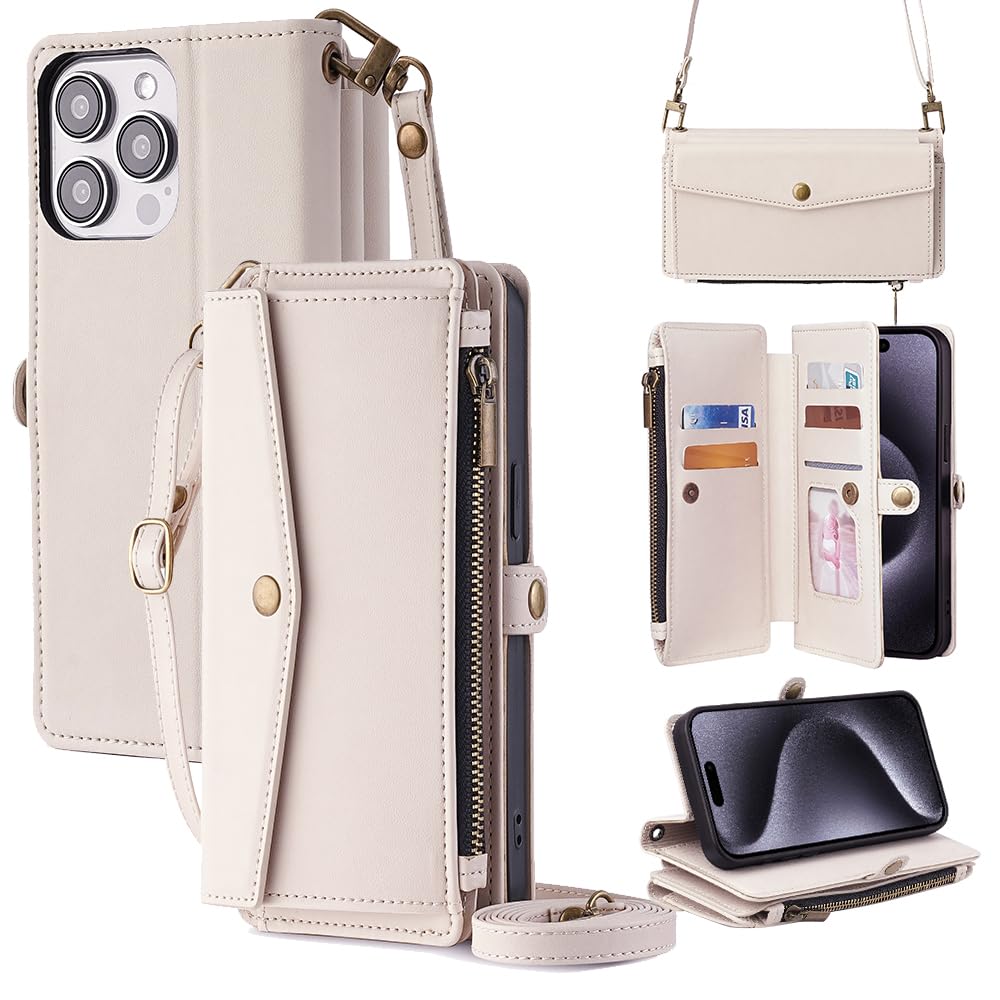 For iPhone 17e/16e ケース 手帳型 iPhone 17e/16e カバー【COKOVI】ショルダーベルトとストラップ付き 肩掛け 首掛け 多機能 ポーチ付き カード多め収納 小銭入れ おしゃれ 可愛い 大容量財布型HYF (ホワイト)
