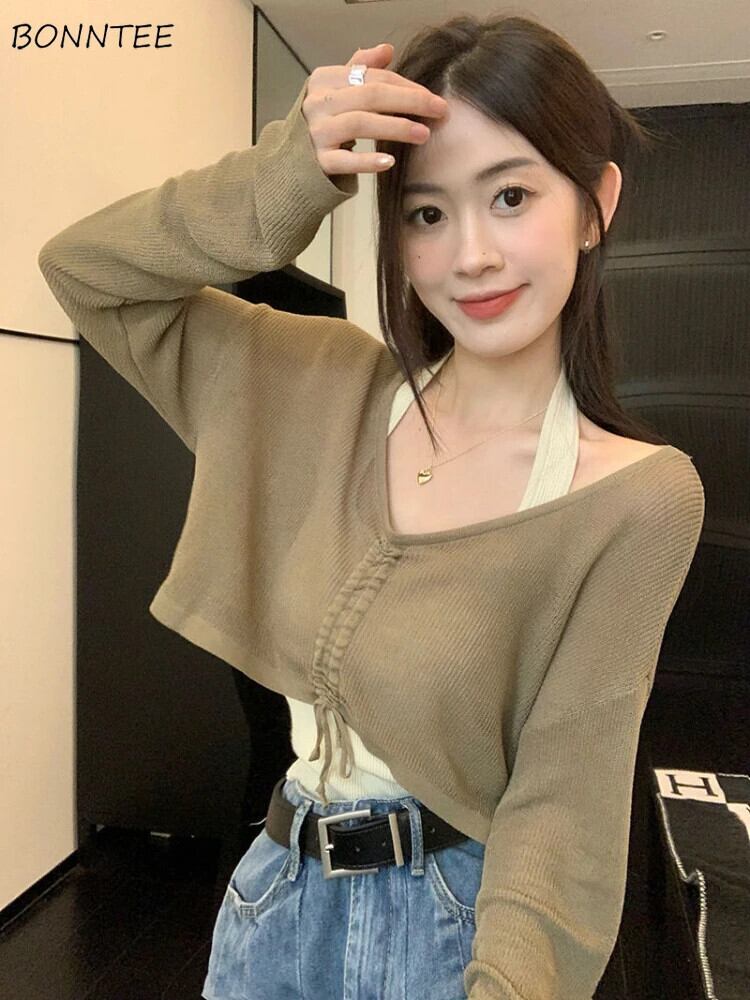【新作】【送料無料】 Tシャツ女性長袖シックなルーズカジュアルシャーリングデザインホットスイート日焼け防止女性韓国スタイル新しいオールマッチクロップトップスイン 0255922977738
