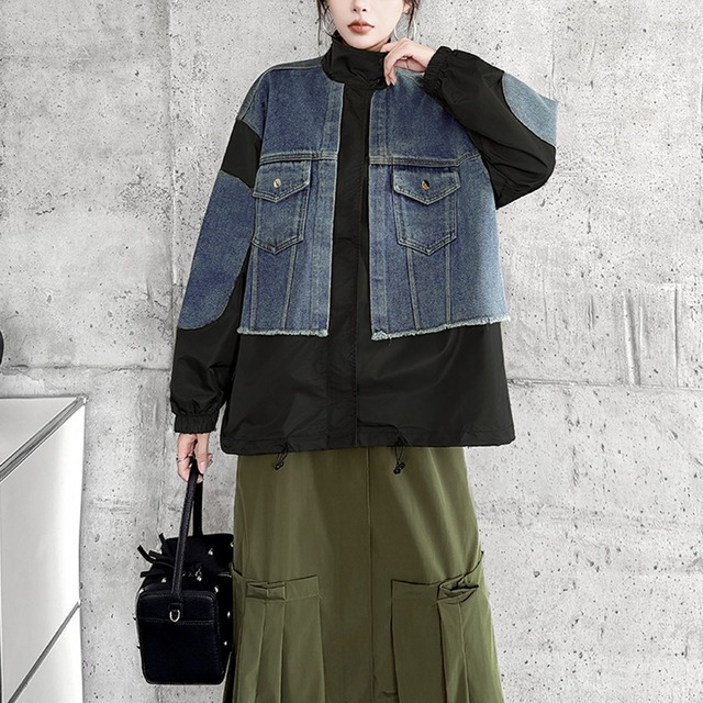 DRAWSTRING STAND COLLAR UTILITY JACKET AND A-LINE SKIRT M-18102