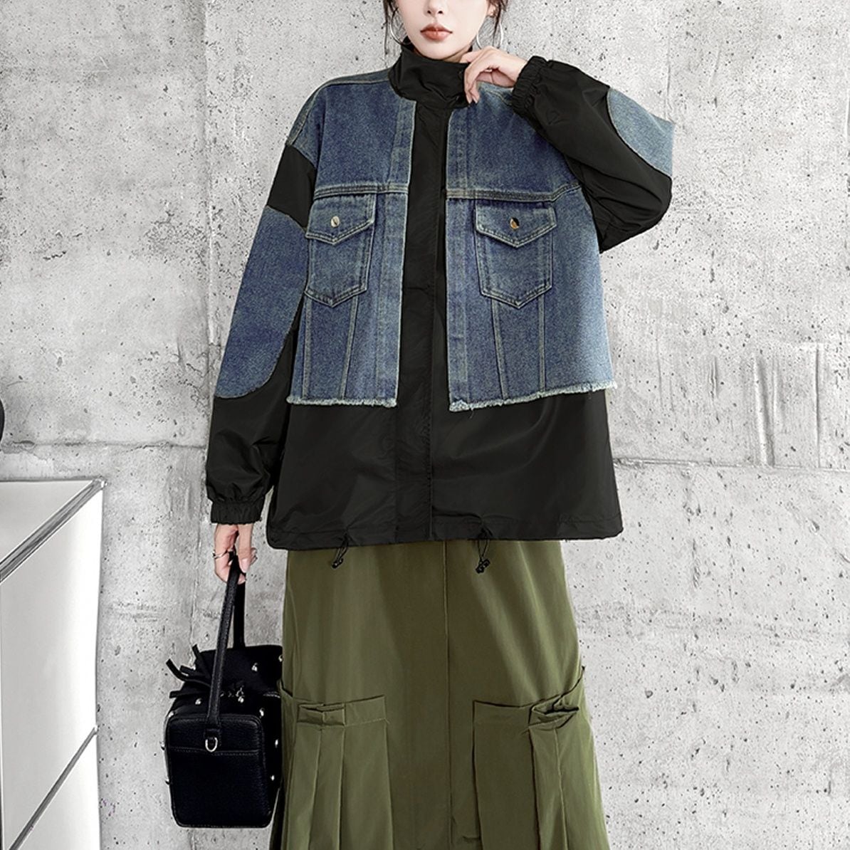 DRAWSTRING STAND COLLAR UTILITY JACKET AND A-LINE SKIRT M-18102