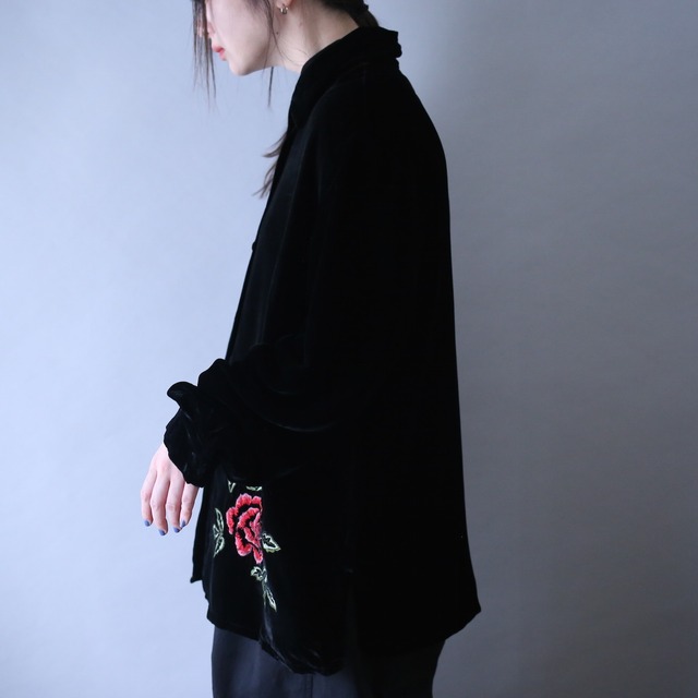 "刺繍×薔薇" asymmetry design loose silhouette black velours shirt