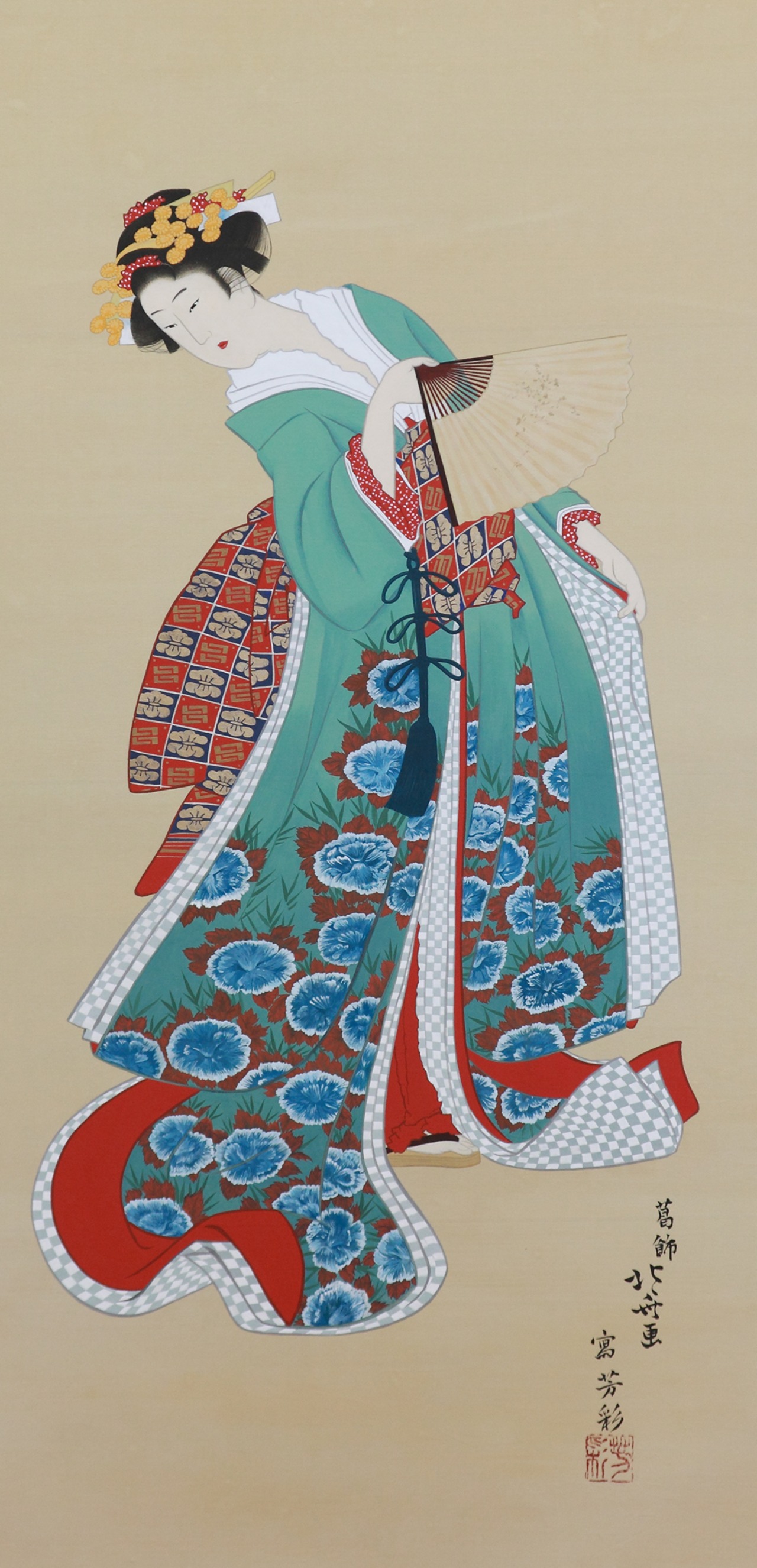 友禅浮世絵屏風 　歌麿・北斎競作（二曲一隻）