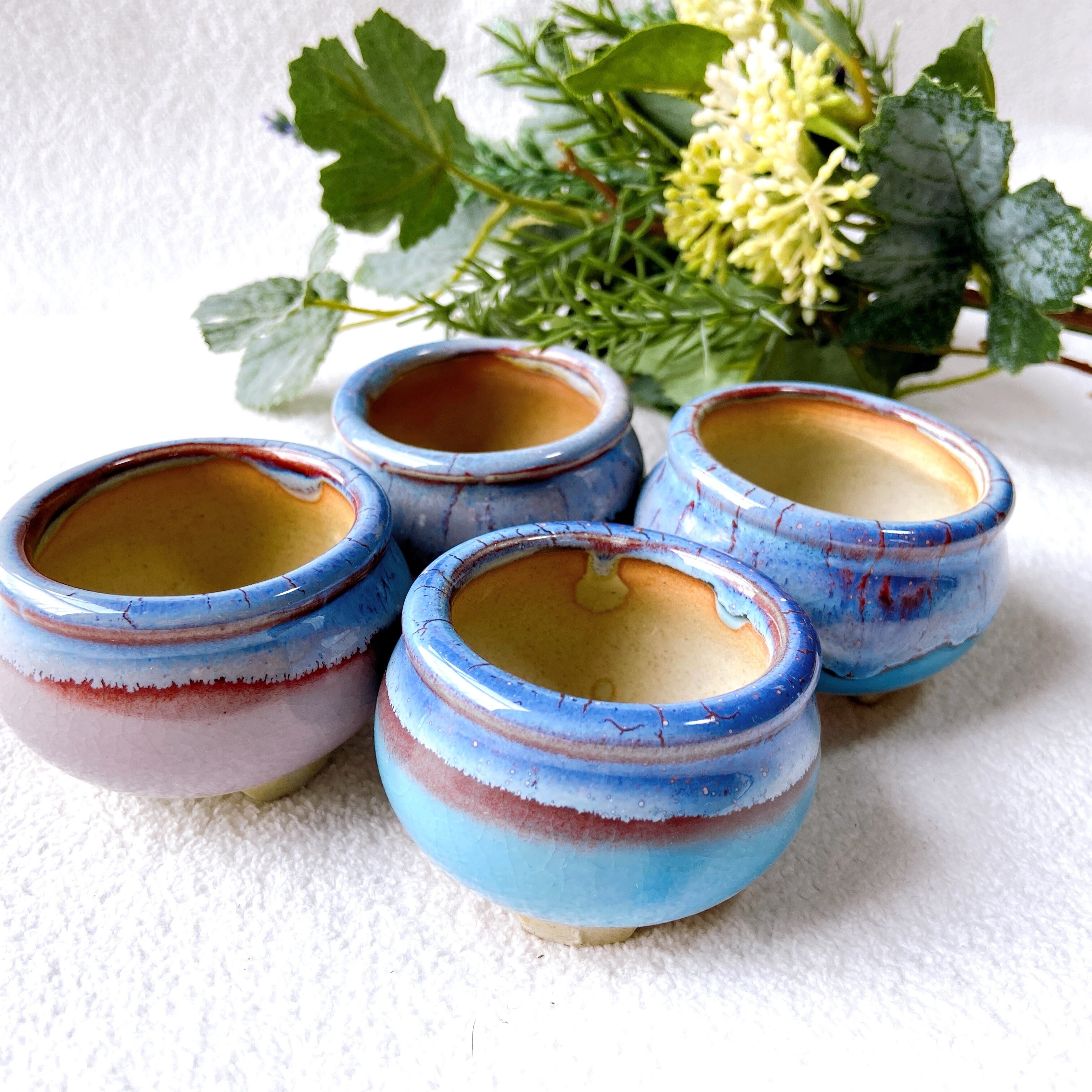 薄水紫色と水色の陶器植木鉢4点セット】 多肉植物・小品盆栽用に 北欧