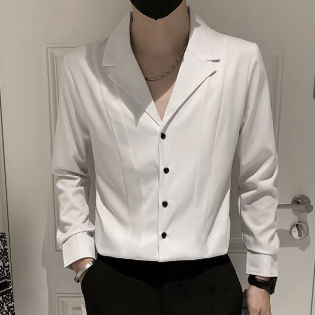 【予約販売】シャツ 長袖 シンプル 無地 ベーシック レトロ Vネック モノトーン メンズ ホワイト ブラック カジュアル シック こなれ感 お洒落 韓国 トレンド 春 秋 M/L/XL/2XL/3XL/4XL