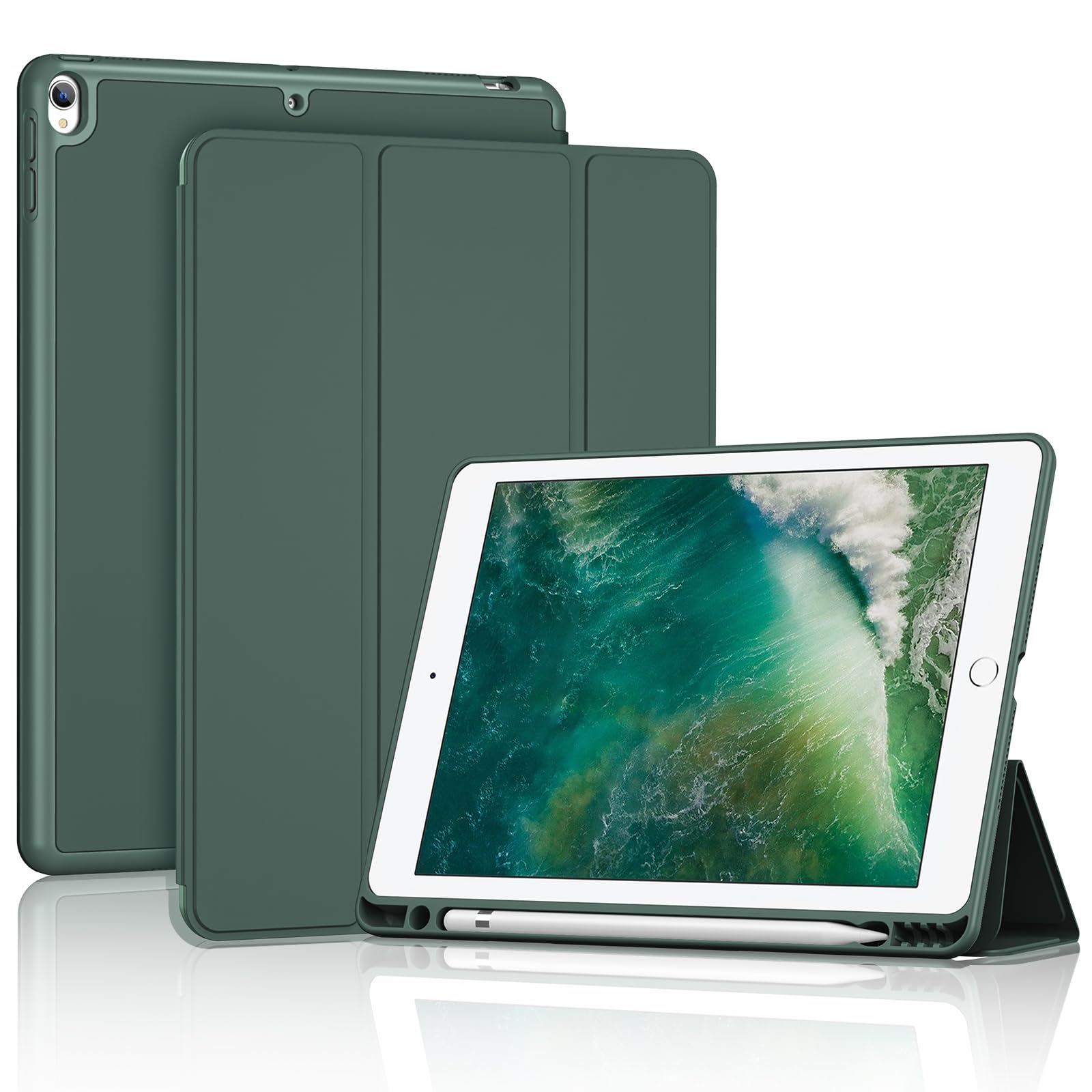 ProCase iPad Air 3 2019 / iPad Pro 10.5インチ 2017 専用 ケース ペンホルダー付き オートスリープ/ウェイク機能 耐衝撃 三つ折りスタンド - ミッドナイトグリーン