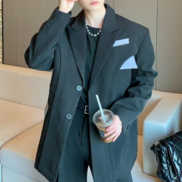 【予約販売】ジャケット 無地 個性的 差し色 メンズ バイカラー ブラック ドレスアップ シック こなれ感 お洒落 結婚式 お呼ばれ パーティー 韓国 トレンド L