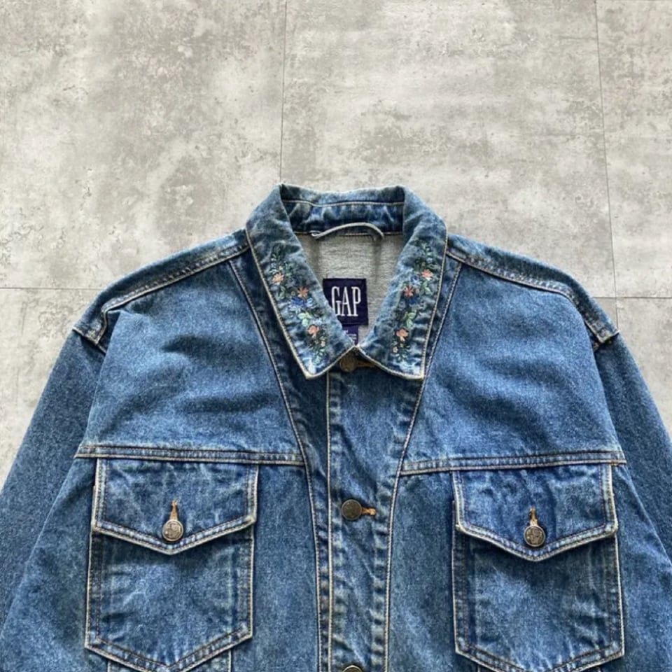 Size.M】90's OLD GAP オールドギャップ 襟刺繍デザイン ボタニカル