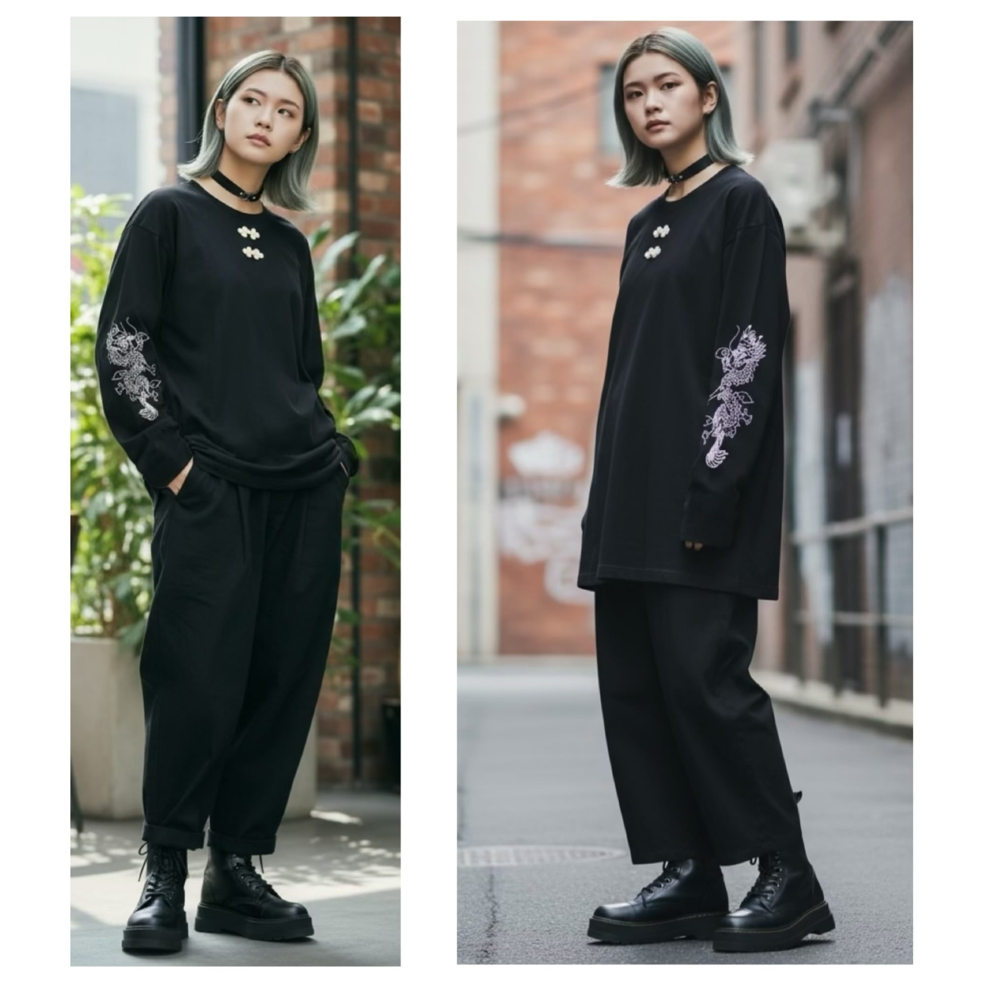 ロングTシャツ ロンT 長T チャイナ 龍 中華 dragon 黒 メンズ