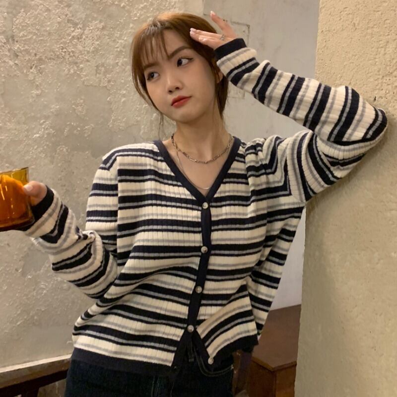 ストライプニットカーディガンサマーVネックショートトップス 長袖スリーブ薄手レディース ロング 夏物 YY-ファッション5390808808