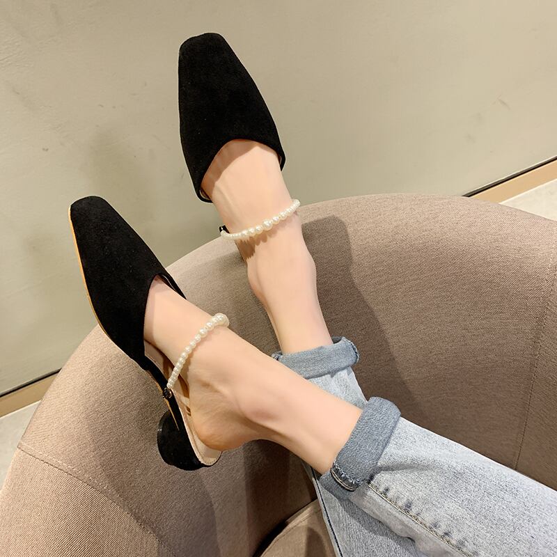 包頭サンダル女性の摩耗2020年春の新しいネット赤怠惰なカジュアルファッション学生ローヒール先のとがったハーフスリッパ 部族の婦人靴5739986