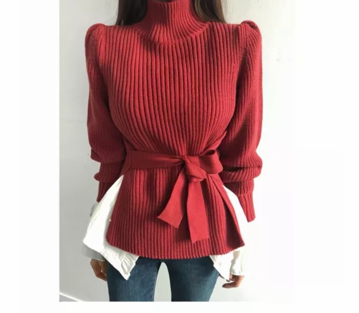 ウエストリボン付き　パワーショルダーニット　AJ1079-8068