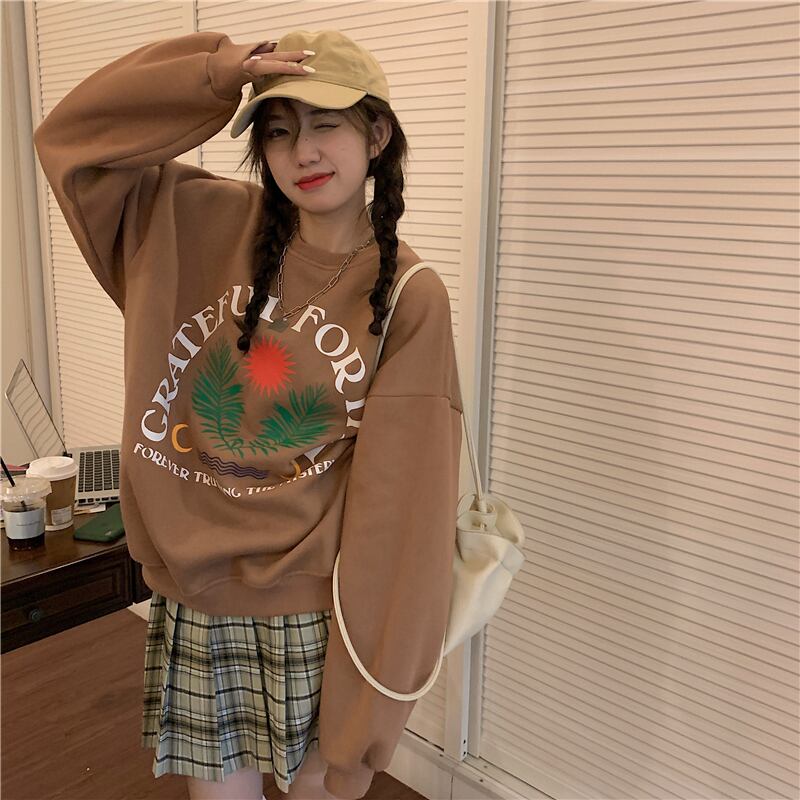 スタンダードプリントベルベットセーター コート オータムルーズトップス ロング レトロ 秋物 モンロー6087929037