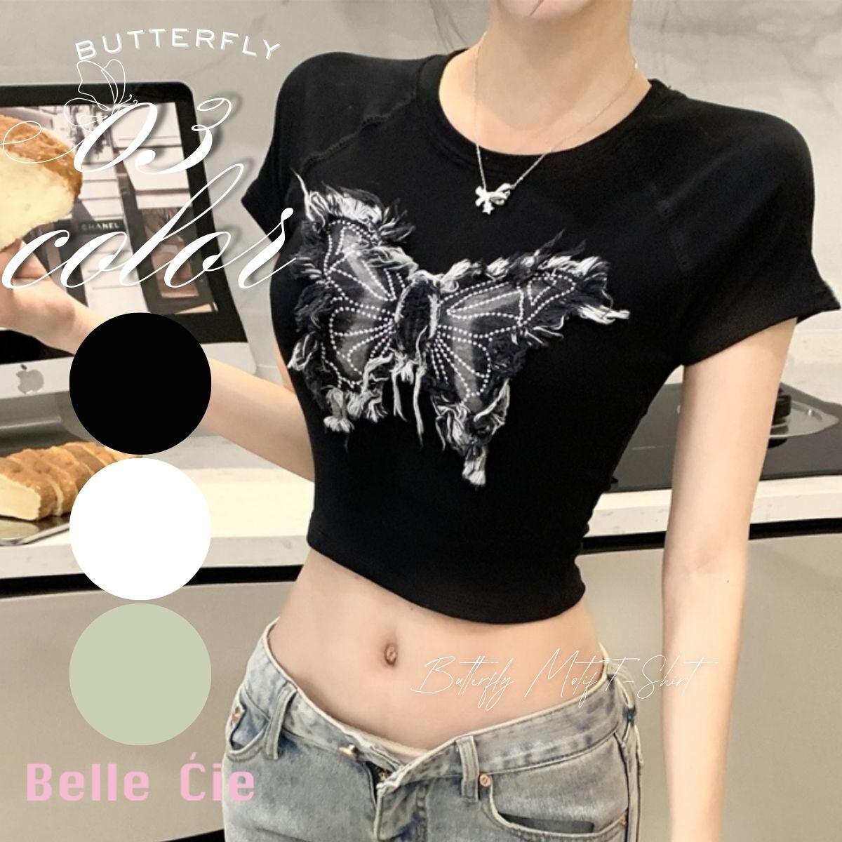 トップス 半袖 モチーフ バタフライ 蝶 ショート丈 細身 夏 レディース 韓国ファッション