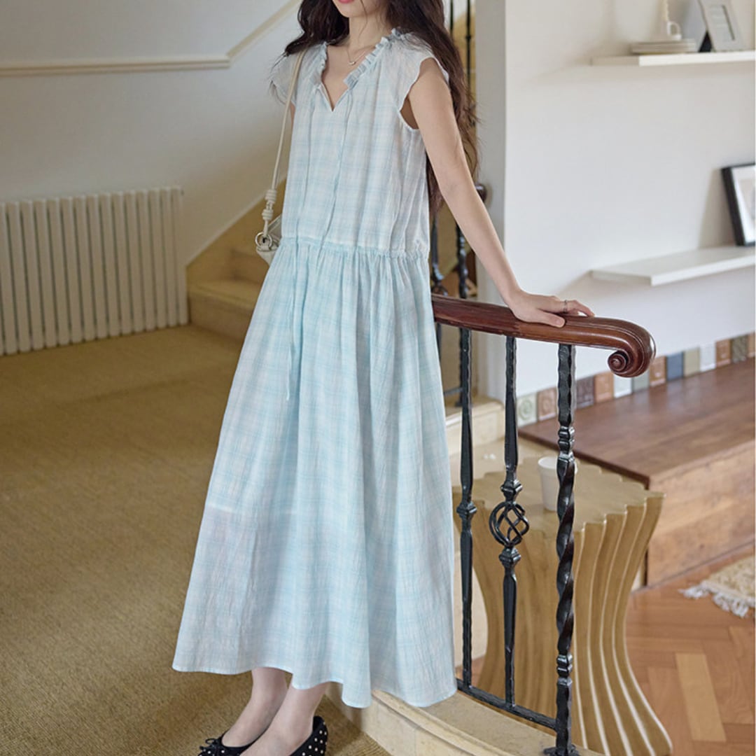 check tiered long dress