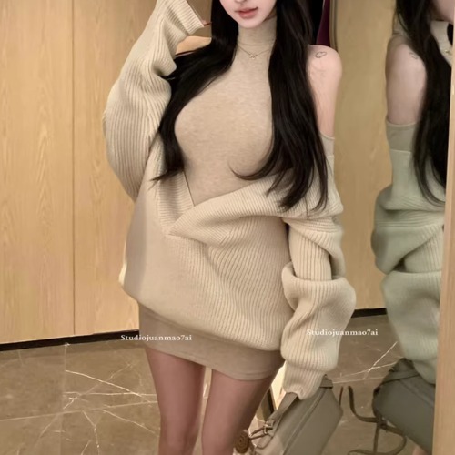 【2点セット】2色／Vネックルーズニット＋ハイネックオープンショルダーワンピ ・75280