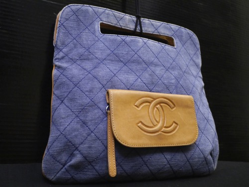 レア★CHANEL シャネル MATELASSE マトラッセ CCマーク デニム キャンバスxレザー切替  トートハンド バッグ 青x茶★ 希少なデニム地モデル