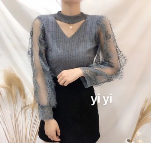 チュール袖Vネックニット