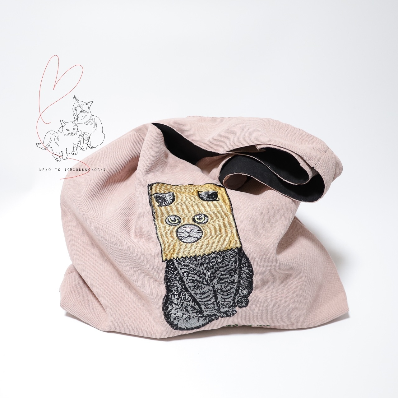 Jubilee 猫デザイン刺繡コーデュロイトートバッグ ピンク