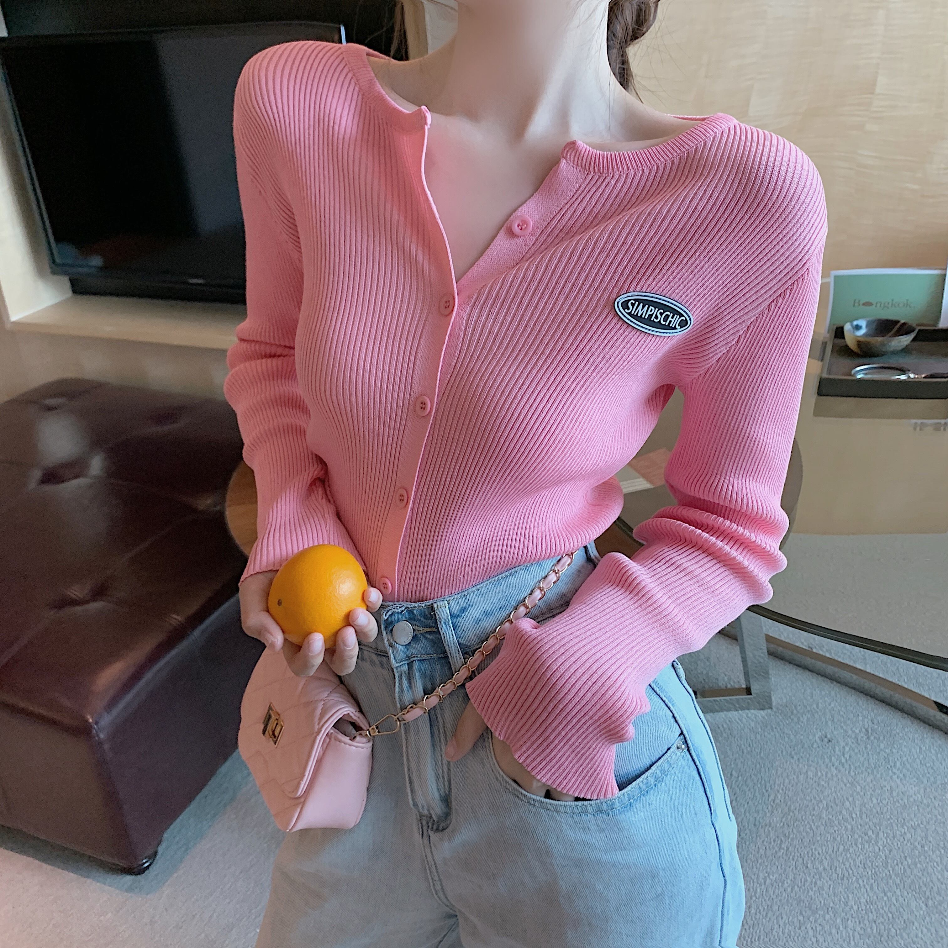 レッドニットセーター オータムカーディガンジャケット スリムショートトップス ピンク 秋物 ドラファッションホール47760971519