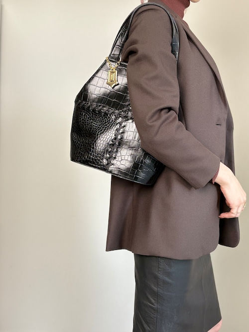 Yves Saint Laurent イヴ・サンローラン ハンドバッグ ブラック YSL カサンドラ レザー クロコ型押し vintage ヴィンテージ オールド hi7662