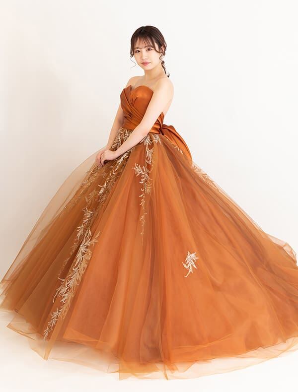 特別感 カラードレス テラコッタカラー サテンとチュール リボン 刺繍  