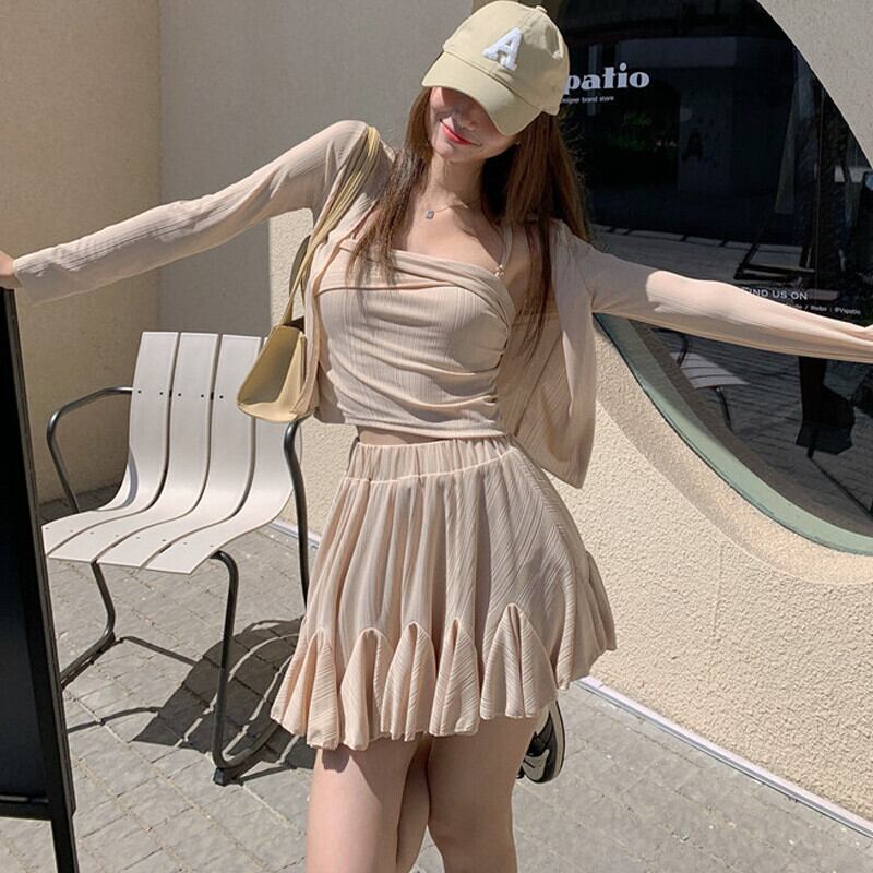 薄手カーディガンハイウェストプリーツスカート ストリート ガールズファッション79643406778