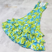 フラメンコ 衣装 ワンピース ドレス 花柄 光沢 ボランテ フリル 花柄 黄緑 S.D.ELVIRA ブルー系 グリーン系 フラメンコドレス 華やかエレガント おしゃれな花柄 パーティー用 多彩 大人向け 高級感 ステージ衣装 フリルデザイン