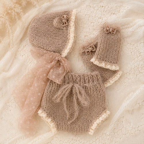 2.Bear Ribbon Knit｜くま耳ニット ロンパース＆ボンネット＆レッグウォーマー３点セット