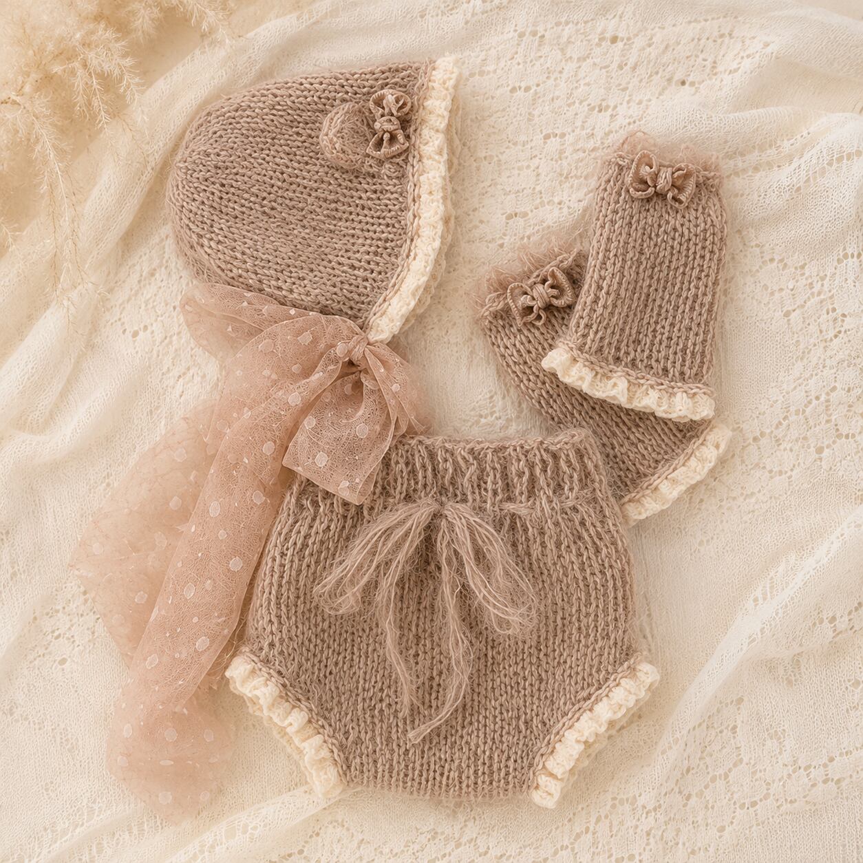 2.Bear Ribbon Knit|くま耳ニット ロンパース&ボンネット&レッグウォーマー3点セット