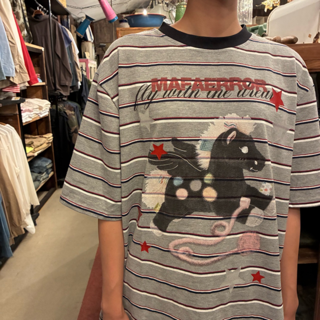 TOPANGA Lady's Vintage Stripe & Pegasus Graphic T-Shirt 　ヴィンテージストライプ＆ペガサスTシャツ　グレー　半袖Tシャツ　レトロ　ファンタジー　ファンシー　ユニセックス
