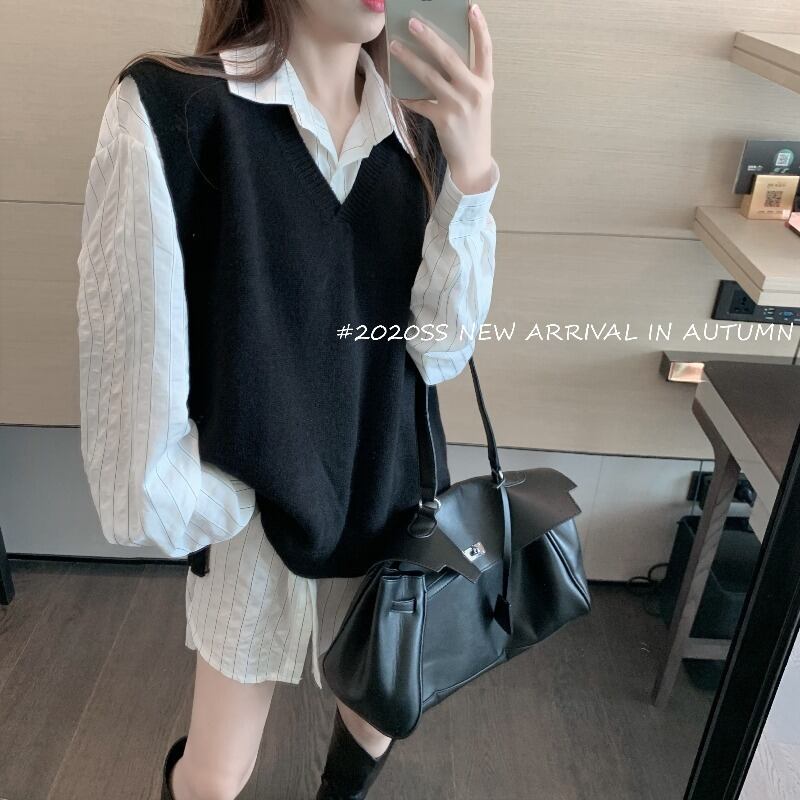 ネットレッドファッションオータムスーツウィメンズ2020ニューホワイトシャツトップニットセーターベストウエスタンスタイルツーピーススーツ ドラファッションホール61406748867