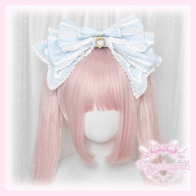 ♡【全5色】MAID ハートチャーム マットリボンフリルレースカチューシャ light blue ♡