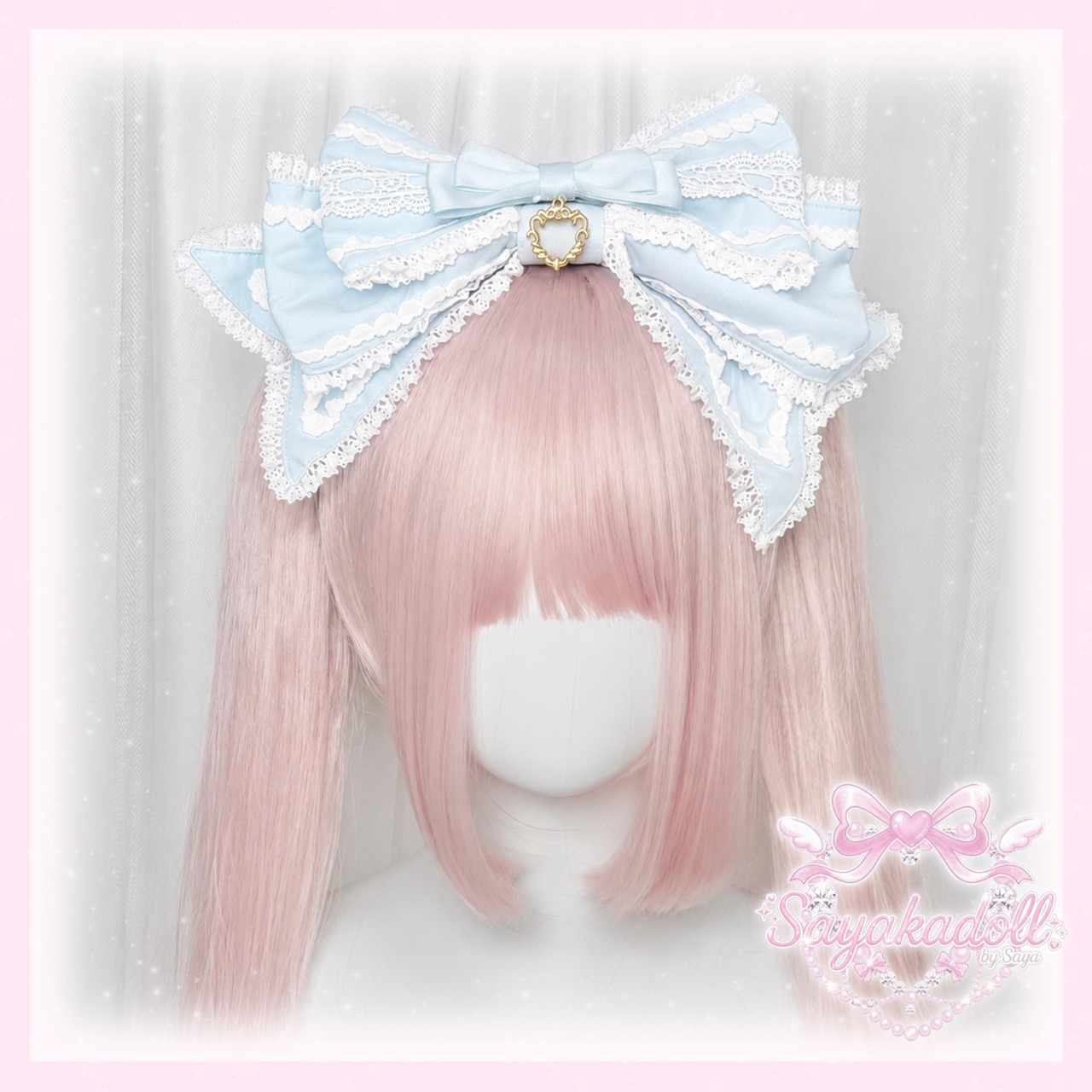 ♡【全5色】MAID ハートチャーム マットリボンフリルレースカチューシャ light blue ♡