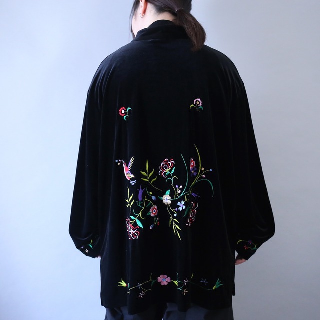 "花×鳥" 刺繍 full pattern over silhouette special velours shirt