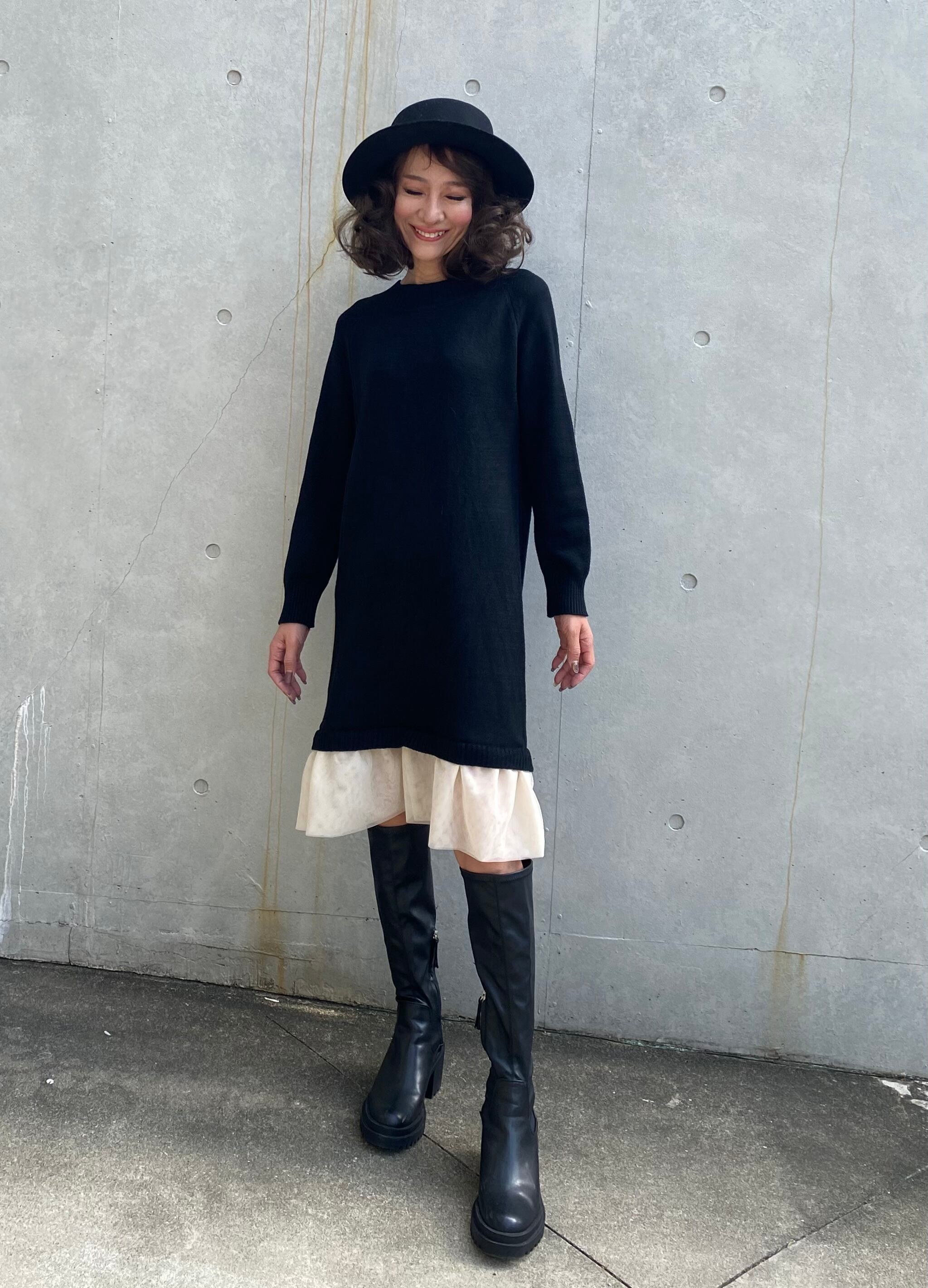 ルネ♡裾チュール　ワンピース ニット×裾チュールワンピース (ブラック) | セレクトショップベリンダ
