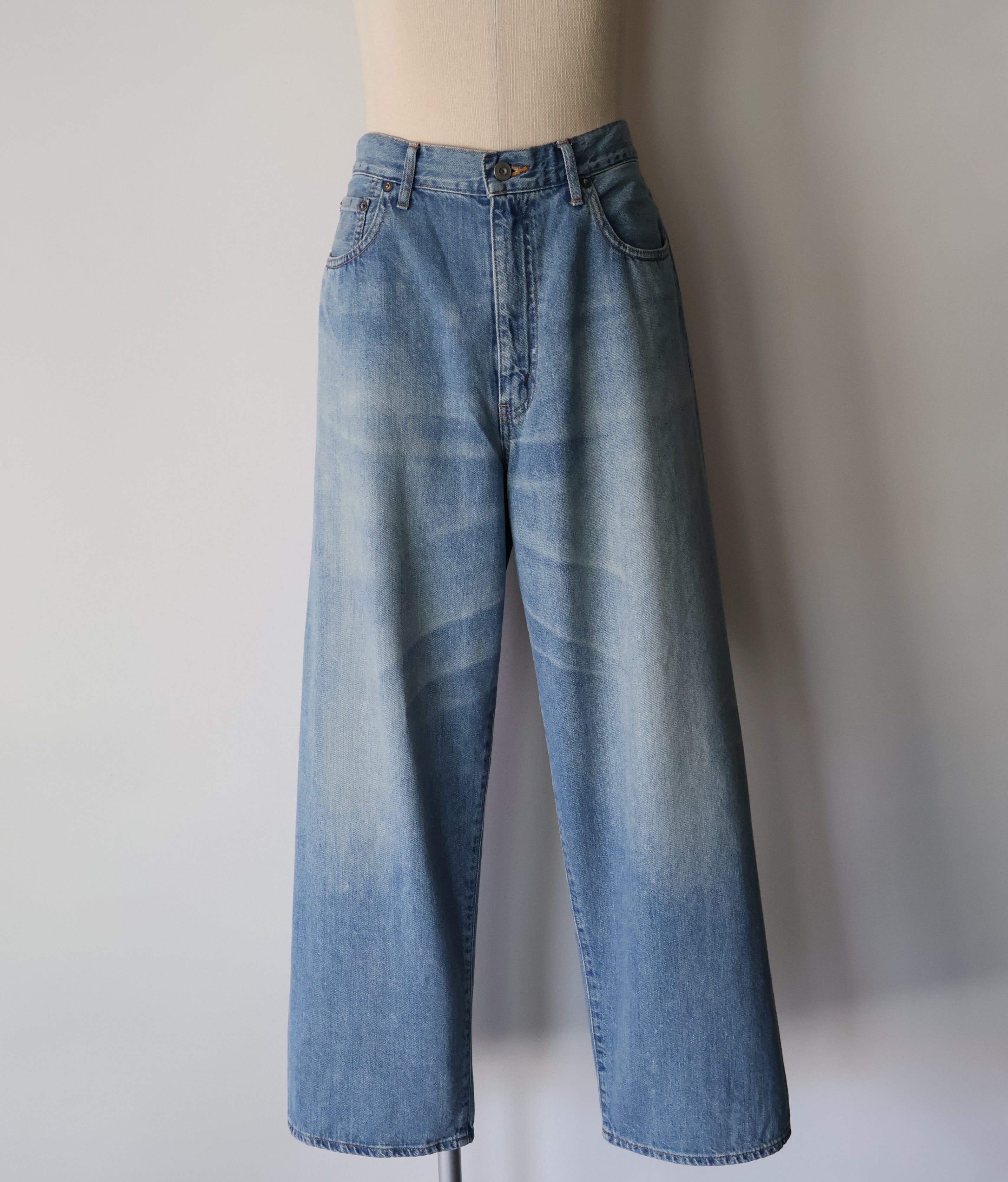 awasa “ selvage light oz denim 5 pocket wide pants ( Indigo fade