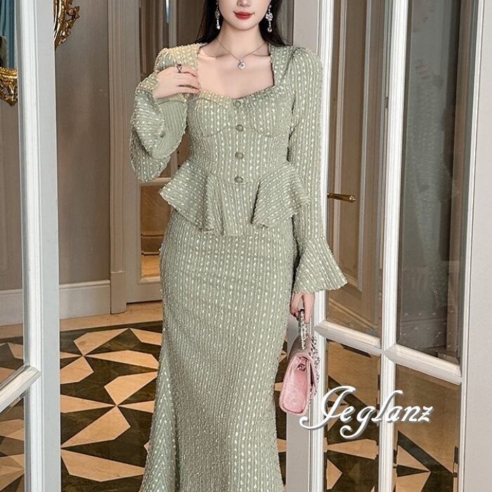 フェイク ワンピース ドレス ニット ペプラム マーメイド(MB172)γ