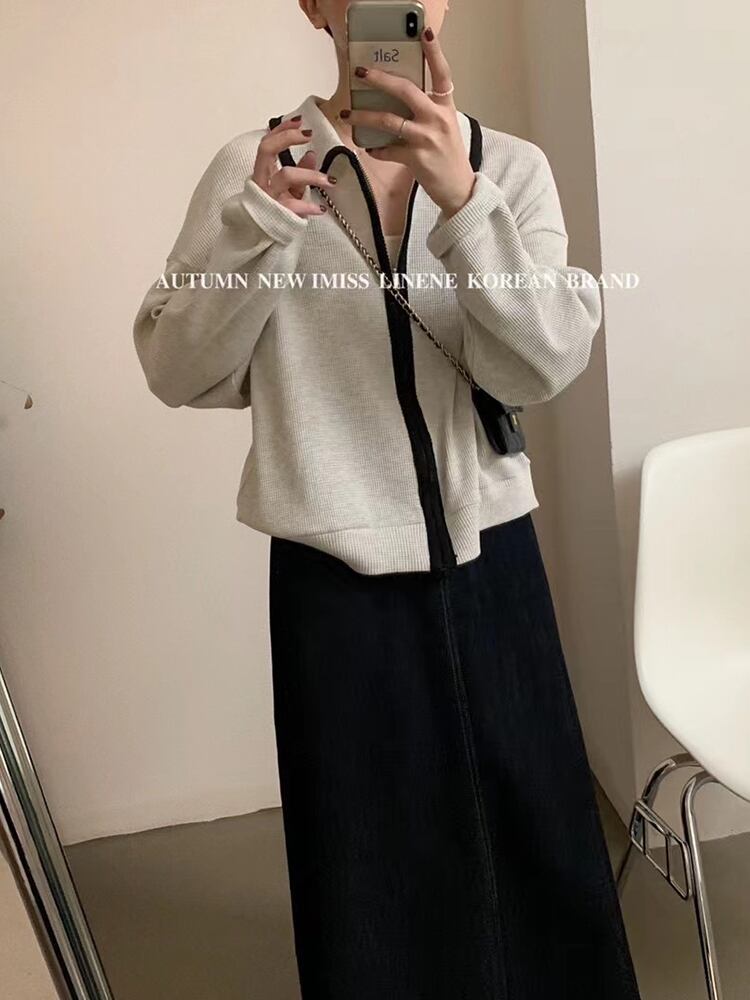 セーター ジャケット スプリングオータムルーズ薄手カラー長袖スリーブジッパーカーディガン ロング 春物 秋物 ビッグFスモールZ韓国57043803679