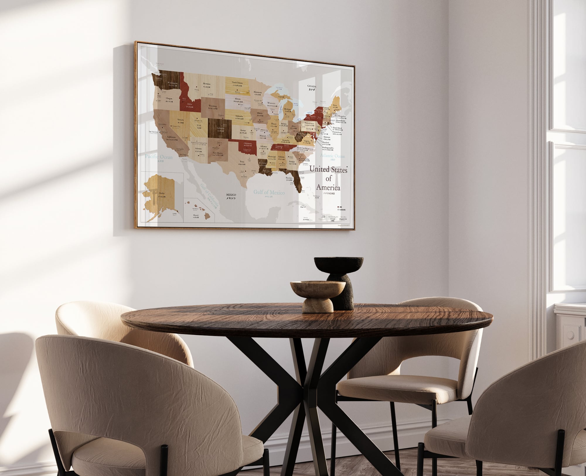 アメリカ合衆国地図型インテリア アメリカ地図 分かりやすい おしゃれなA2サイズ 木目調マップ 世界