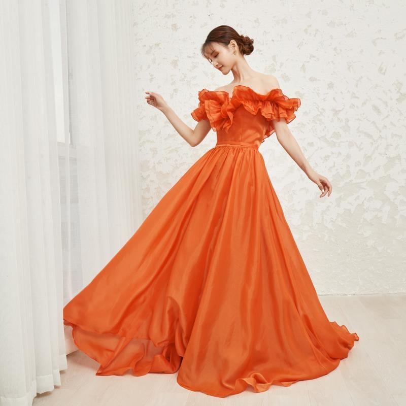 オレンジフリルオフショルダードレス | Miharu shop美晴ドレスショップ