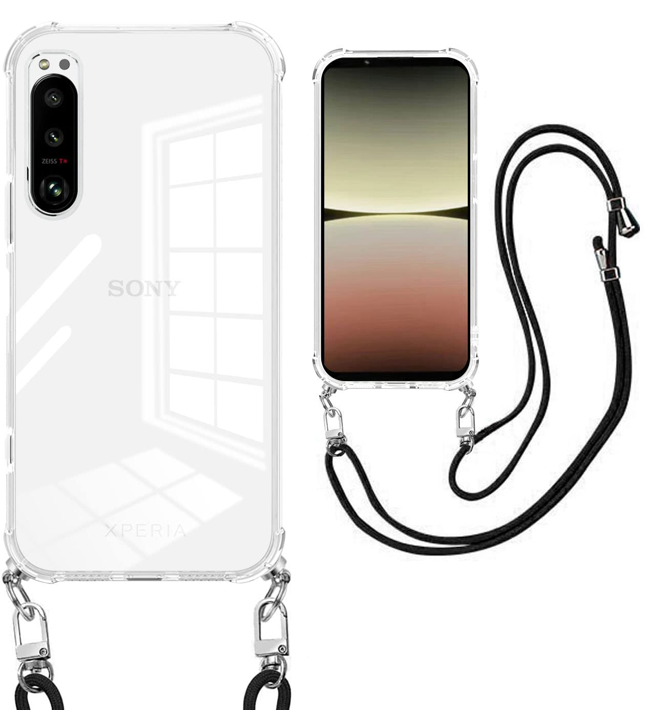 ソニー Xperia 5 IV ケース TPU ストラップ付き 斜めがけ 織りストラップ付き 調節可能なショルダー クロスボディ ネックレス スマホケース保護ソフト 薄型 軽量 衝撃吸収 レンズ保護(クリア)