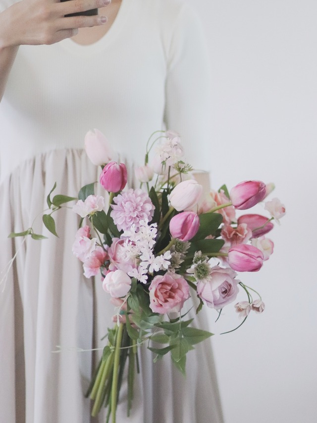 〈 完成品販売ブーケ 〉tulip pink artificial flower bouquet